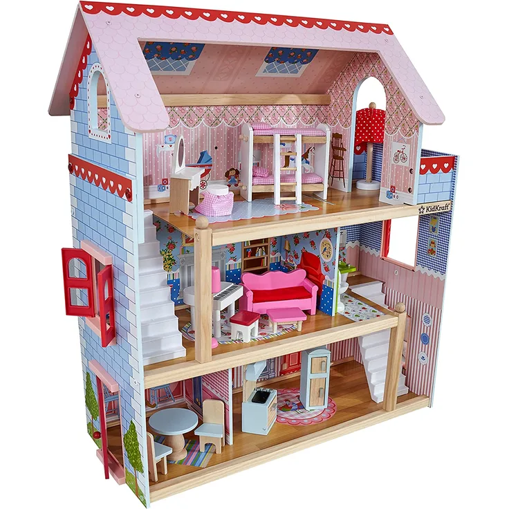 KidKraft 65054 Puppenhaus Chelsea Spielset mit 3 Spielebenen für 12 cm große Puppen, Multi