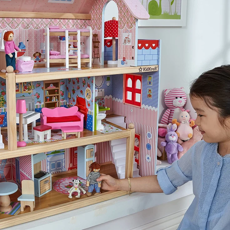 KidKraft 65054 Puppenhaus Chelsea Spielset mit 3 Spielebenen für 12 cm große Puppen, Multi – Bild 5