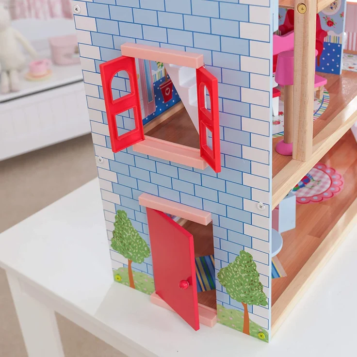 KidKraft 65054 Puppenhaus Chelsea Spielset mit 3 Spielebenen für 12 cm große Puppen, Multi – Bild 7
