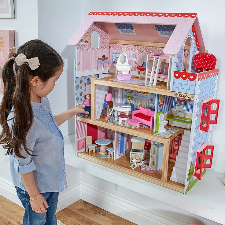 KidKraft 65054 Puppenhaus Chelsea Spielset mit 3 Spielebenen für 12 cm große Puppen, Multi – Bild 3
