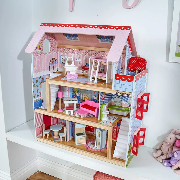 KidKraft 65054 Puppenhaus Chelsea Spielset mit 3 Spielebenen für 12 cm große Puppen, Multi – Bild 17
