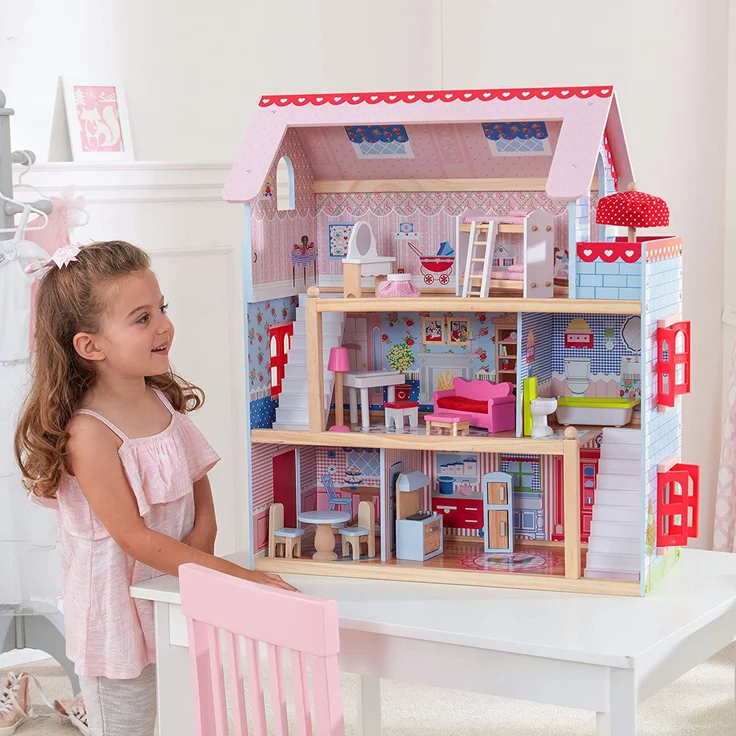 KidKraft 65054 Puppenhaus Chelsea Spielset mit 3 Spielebenen für 12 cm große Puppen, Multi – Bild 12