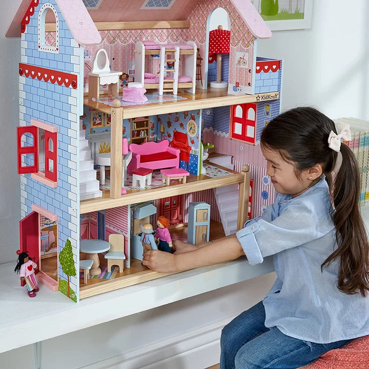 KidKraft 65054 Puppenhaus Chelsea Spielset mit 3 Spielebenen für 12 cm große Puppen, Multi – Bild 4