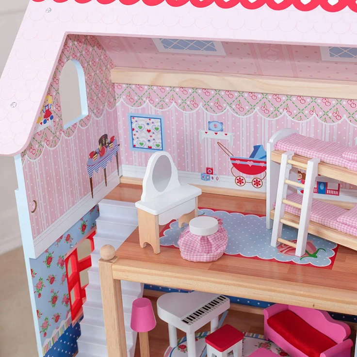 KidKraft 65054 Puppenhaus Chelsea Spielset mit 3 Spielebenen für 12 cm große Puppen, Multi – Bild 8