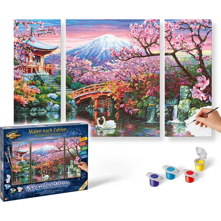 Schipper 609260751 Malen nach Zahlen, Kirschblüte in Japan - Bilder malen für Erwachsene, inklusive Pinsel und Acrylfarben, Triptychon, 50 x 80 cm