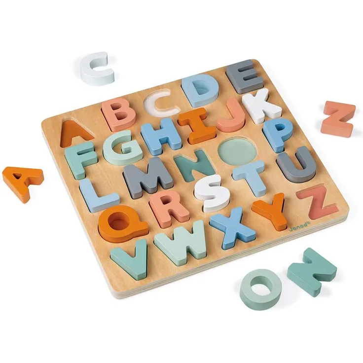 Janod - Alphabet-Puzzle aus Holz 26 Teile - Kollektion Sweet Cocoon - Baby- und Kleinkindspielzeug Farbe auf Wasserbasis - Erlernen des Alphabets und der Schrift - Ab 2 Jahren, J04412