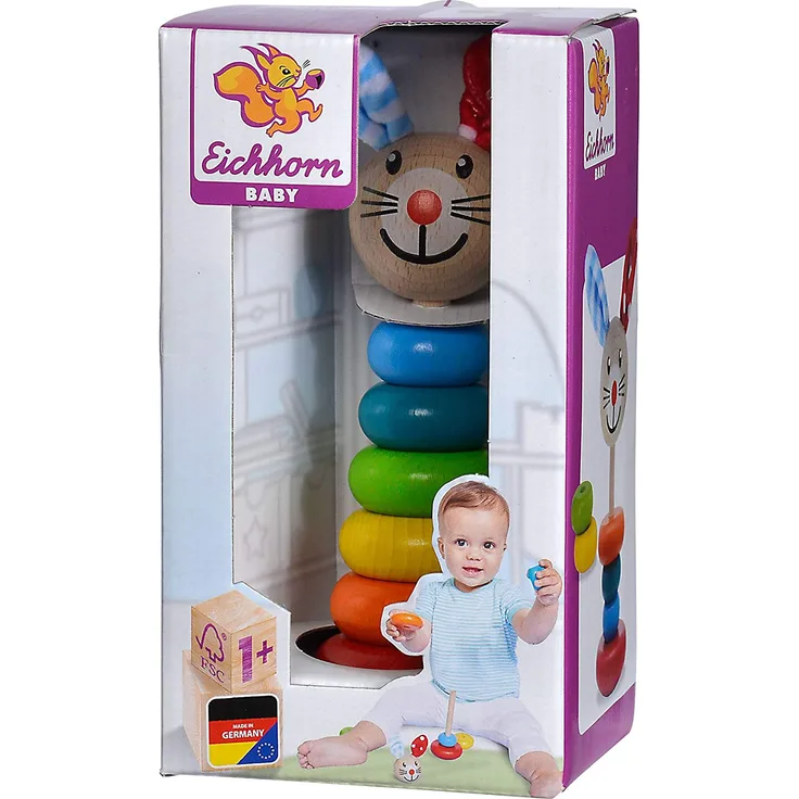 Eichhorn 100017019 - Baby Steckfigur mit Hasenmotiv, 6 Ringe mit Steckkopf, 18cm, FSC 100% Zertifiziertes Buchenholz, Made in Germany