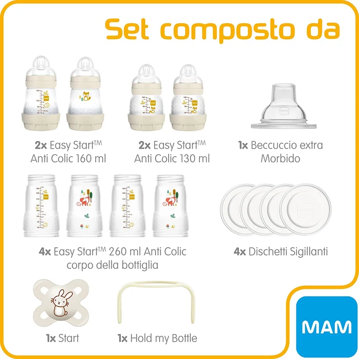 Mam Easy Start Anti-Colic Babyflasche, 8 Flaschen in den Größen 130 ml, 160 ml und 260 ml, 1 Start Nano, 4 Versiegelungsscheiben, 1 extra weicher Auslauf und Griffen, Farbe Beige - 730 G – Bild 2