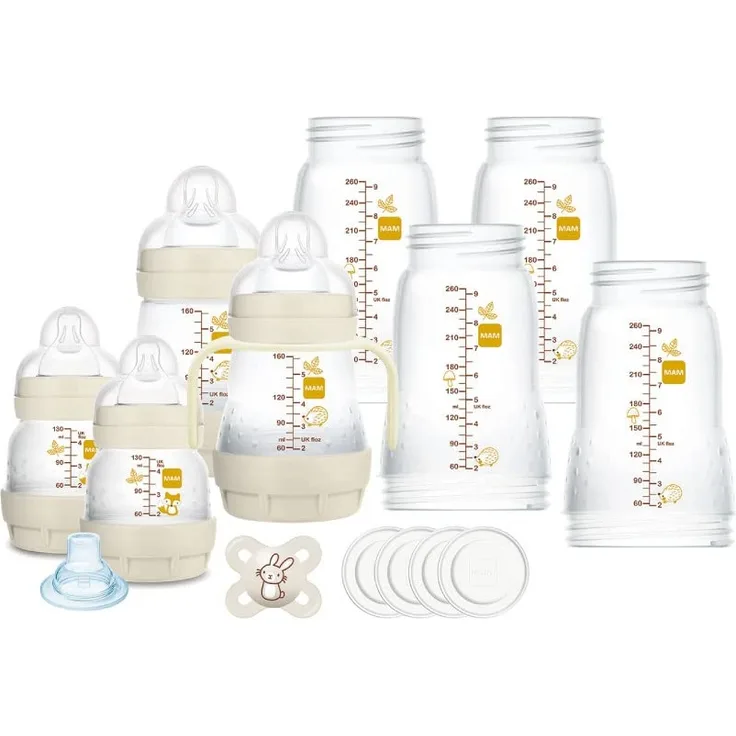 Mam Easy Start Anti-Colic Babyflasche, 8 Flaschen in den Größen 130 ml, 160 ml und 260 ml, 1 Start Nano, 4 Versiegelungsscheiben, 1 extra weicher Auslauf und Griffen, Farbe Beige - 730 G