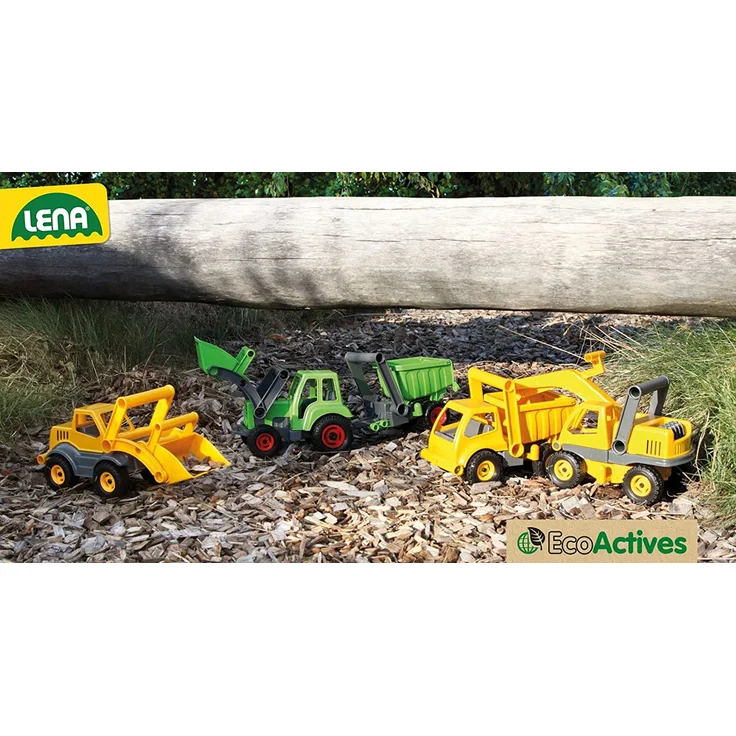 Lena 4210 EcoActives LKW Kipper, Baustellenfahrzeug ca. 27 cm, robuster Kipplaster, natürlicher Holzgeruch durch ökologischen Holzanteil, Muldenkipper für Kinder ab 2 Jahre, Spielfahrzeug in gelb – Bild 7