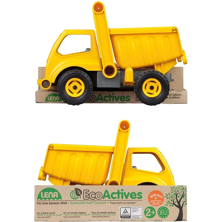 Lena 4210 EcoActives LKW Kipper, Baustellenfahrzeug ca. 27 cm, robuster Kipplaster, natürlicher Holzgeruch durch ökologischen Holzanteil, Muldenkipper für Kinder ab 2 Jahre, Spielfahrzeug in gelb – Bild 4