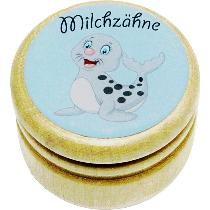 Milchzahndose, Zahndose Milchzähne Bilderdose mit diversen Motiven aus Holz für Jungen und Mädchen mit Drehverschluss 44 mm (Robbe) – Bild 1