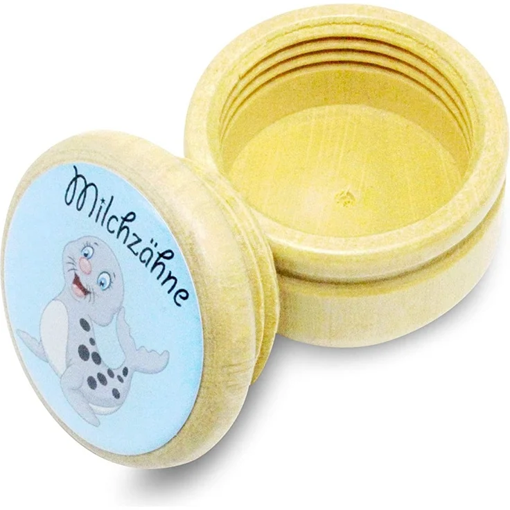 Milchzahndose, Zahndose Milchzähne Bilderdose mit diversen Motiven aus Holz für Jungen und Mädchen mit Drehverschluss 44 mm (Robbe) – Bild 2