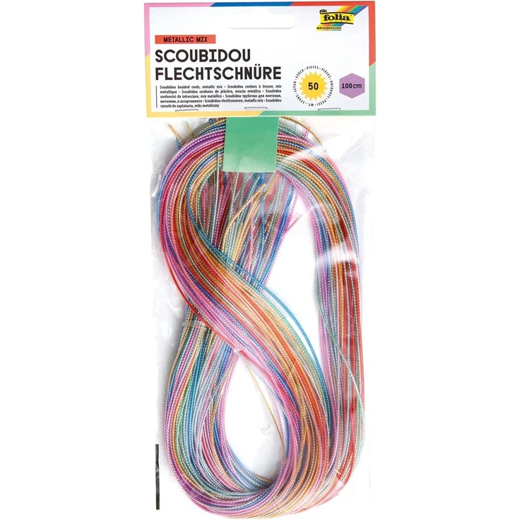 folia 733050 - Metallic Mix Scoubidou Flechtschnüre, mit goldenem/silbernem Fadeneinzug, 50 Stück sortiert in 10 verschiedenen Farben - ideal zum Flechten von Armbändern, Schlüsselanhängern, usw. – Bild 1