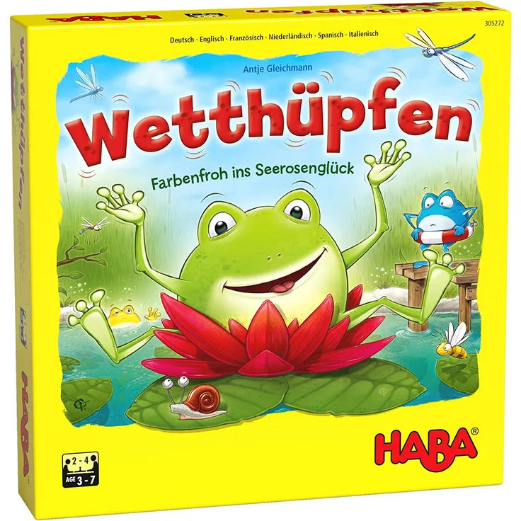 HABA 305272 - Wetthüpfen, Würfelspiel für Kinder von 3 bis 7 Jahren mit unterschiedlichen Spielvarianten, Spielmaterial aus stabiler Pappe und Holz, Spiel ab 3 Jahren