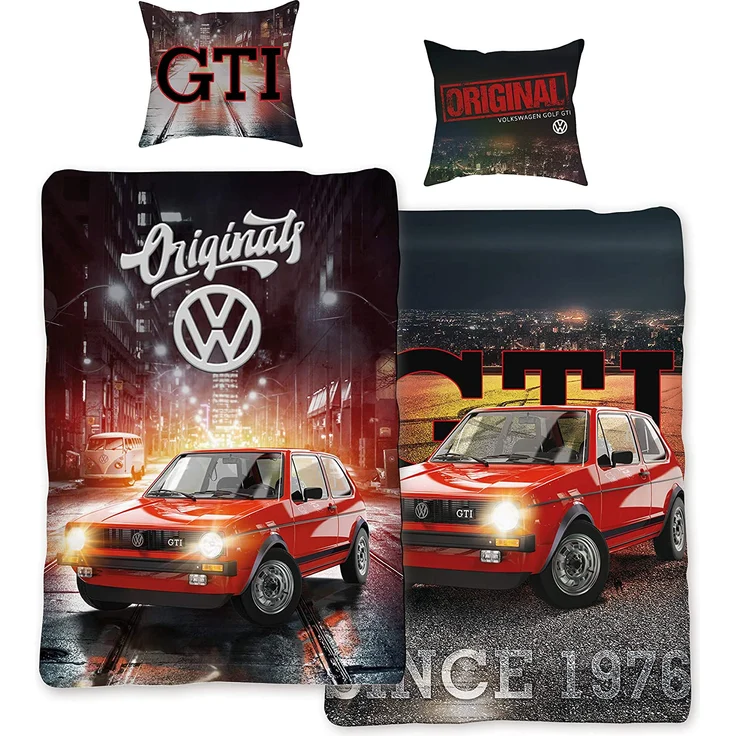 VW Volkswagen Golf Bettwäsche GTI Rot / Grau 135 cm x 200 cm + 80 cm x 80 cm Oldtimer 100% Baumwolle in Renforcé-Linon-Qualität Race Wörthsee Auto-Car 2 Motive Wendebettwäsche Reißverschluss 088 – Bild 1