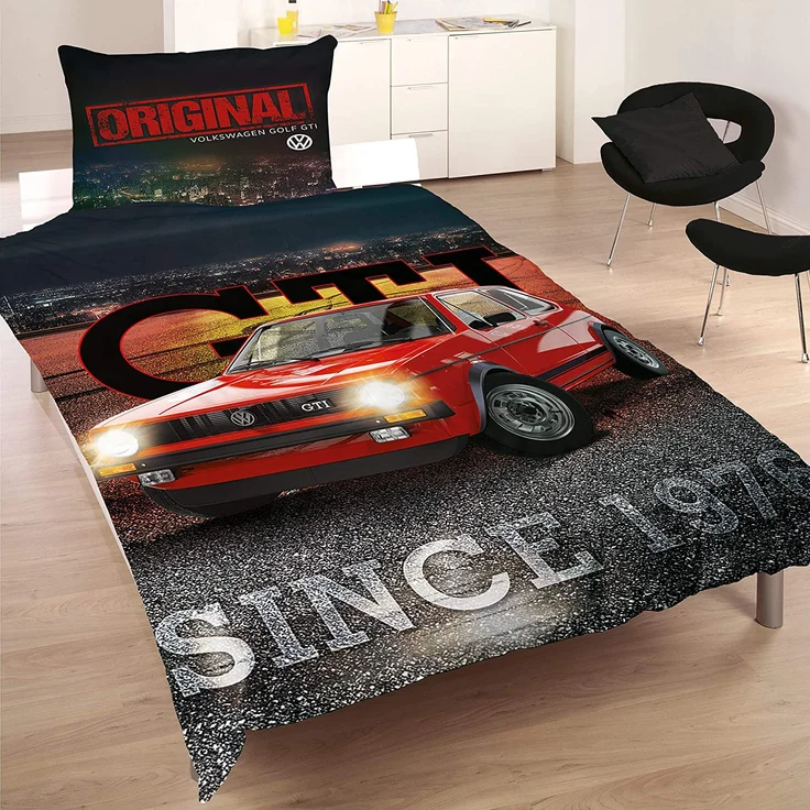 VW Volkswagen Golf Bettwäsche GTI Rot / Grau 135 cm x 200 cm + 80 cm x 80 cm Oldtimer 100% Baumwolle in Renforcé-Linon-Qualität Race Wörthsee Auto-Car 2 Motive Wendebettwäsche Reißverschluss 088 – Bild 3