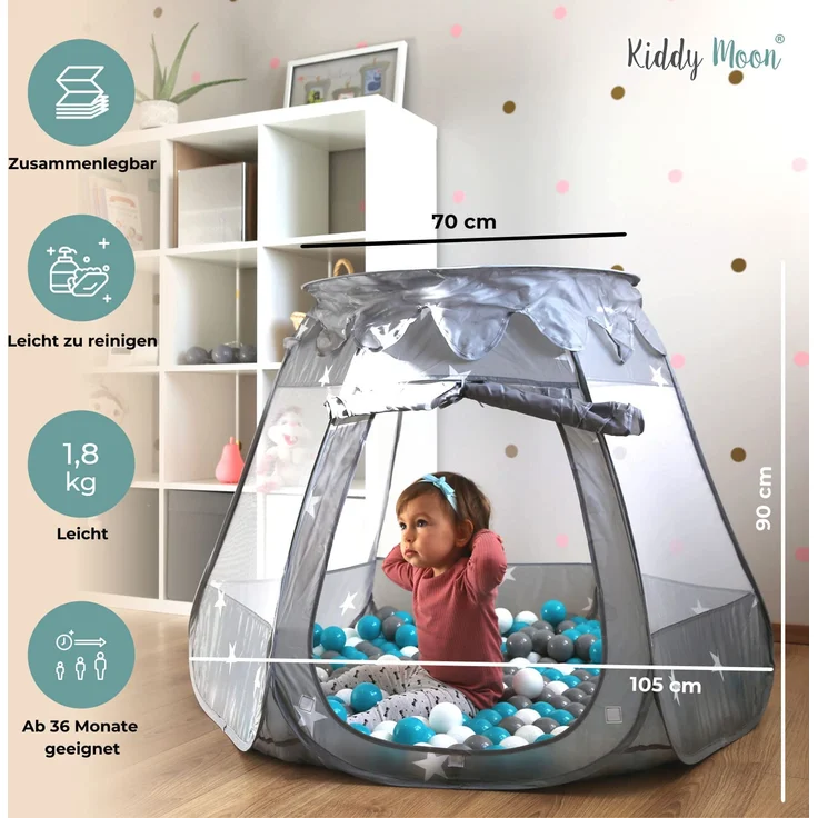 Selonis Baby Spielzelt Mit Plastikbällen Zelt 105X90cm/600 Stück Bälle Plastikkugel Kinder, Minze:Gelb/Grün/Blau/Rot/Orange – Bild 3
