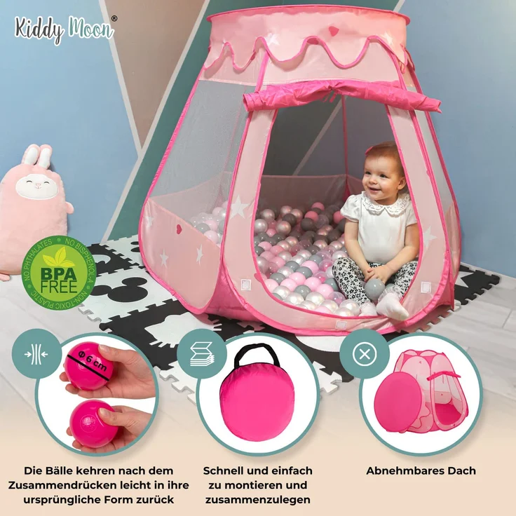 Selonis Baby Spielzelt Mit Plastikbällen Zelt 105X90cm/600 Stück Bälle Plastikkugel Kinder, Minze:Gelb/Grün/Blau/Rot/Orange – Bild 4