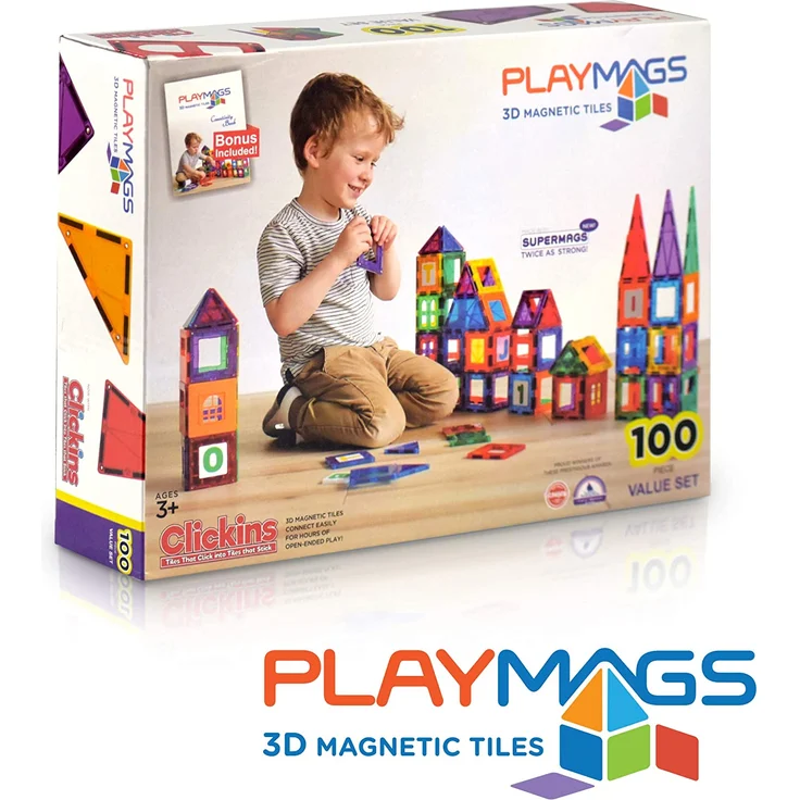 Playmags 100 Stück Super Set: Mit stärksten Magneten garantiert, robust, super haltbar mit lebendigen klaren Farbe Fliesen. 18-teiliges Clickins-Zubehör für mehr Kreativität - Preisvergleich – Bild 5