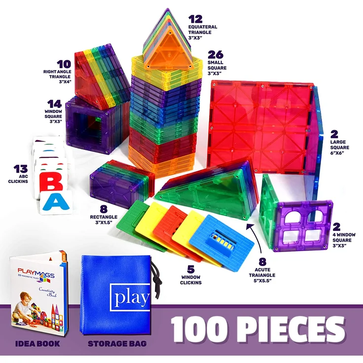 Playmags 100 Stück Super Set: Mit stärksten Magneten garantiert, robust, super haltbar mit lebendigen klaren Farbe Fliesen. 18-teiliges Clickins-Zubehör für mehr Kreativität - Preisvergleich – Bild 2