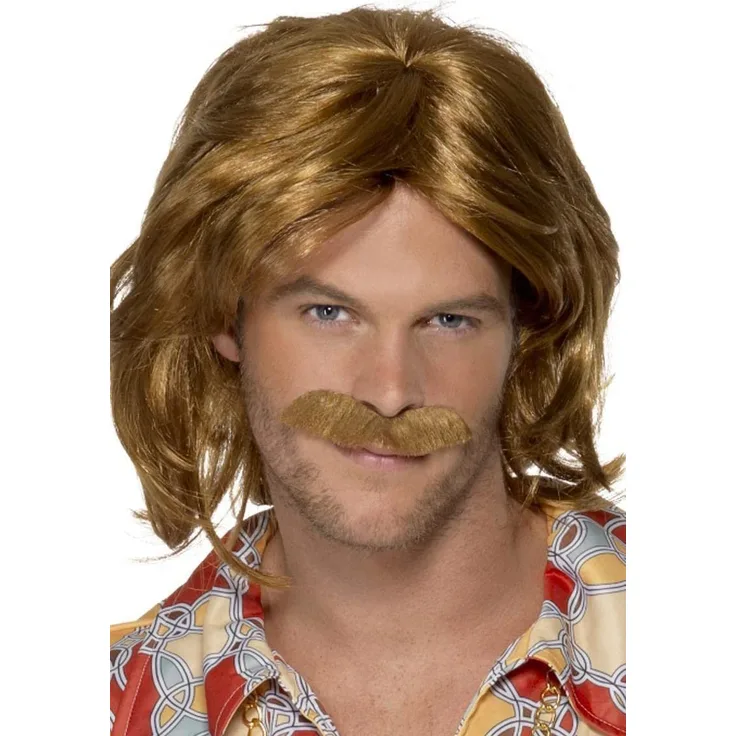 Smiffys Herren Mittellange und Gewellte Perücke mit Schnurrbart, 70er Super Trouper Perücke, Braun, One Size, 42005
