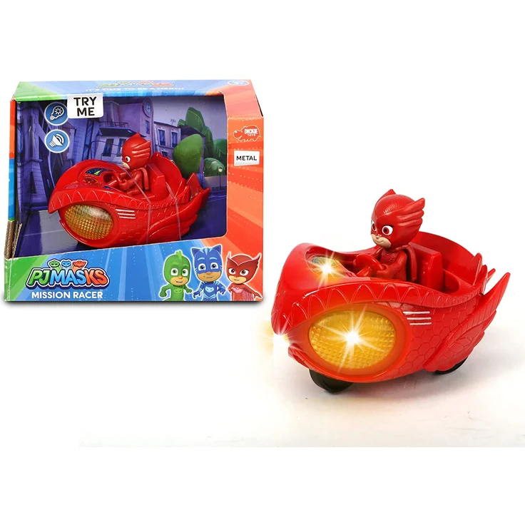 Dickie Toys PJ Masks Mission Racer Owlette, Die-Cast Fahrzeug mit Freilauf, Licht & Sound, spielt Titelmelodie aus der Serie, inkl. Eulette Figur, 12 cm, rot, inkl. Batterien – Bild 2