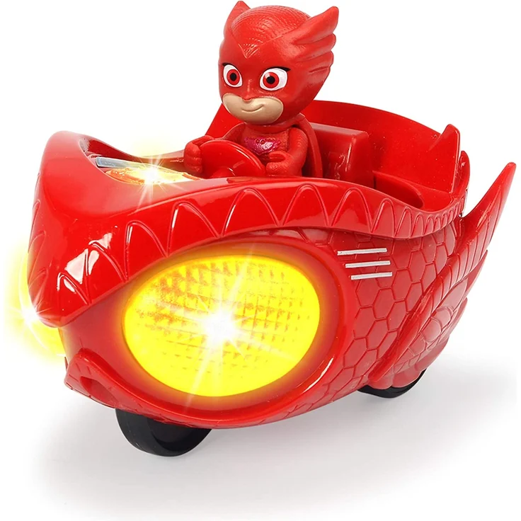 Dickie Toys PJ Masks Mission Racer Owlette, Die-Cast Fahrzeug mit Freilauf, Licht & Sound, spielt Titelmelodie aus der Serie, inkl. Eulette Figur, 12 cm, rot, inkl. Batterien – Bild 1
