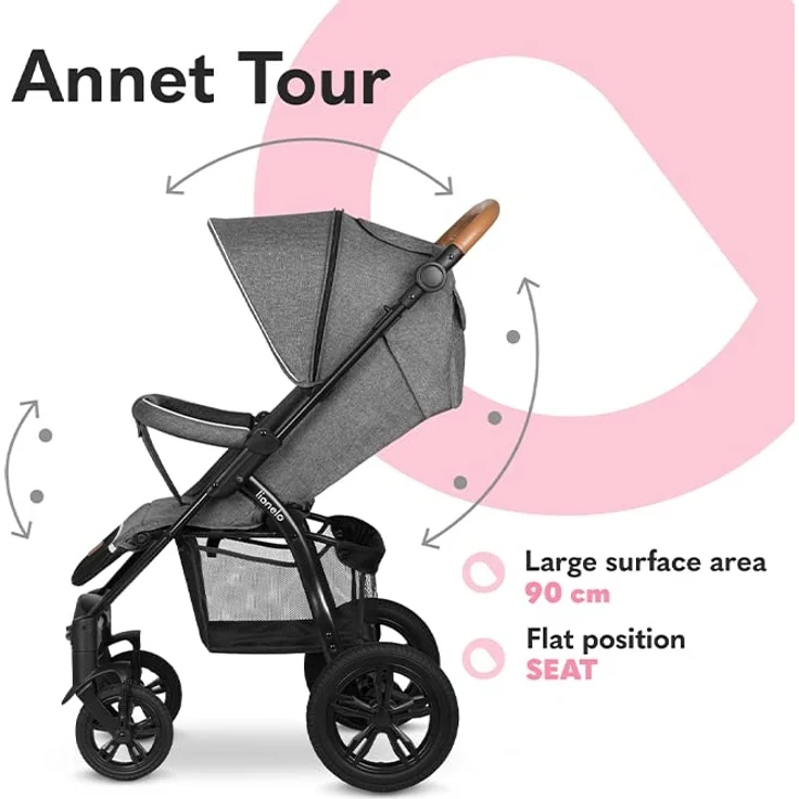 LIONELO Annet Tour Kinderwagen bis 22 kg, verstellbarer Griff, zusammenklappbar, verstellbare Rückenlehne bis zur Liegeposition, wartungsfreie Räder, XXL-Verdeck, 5-Punkt-Gurt, Einkaufskorb – Bild 3