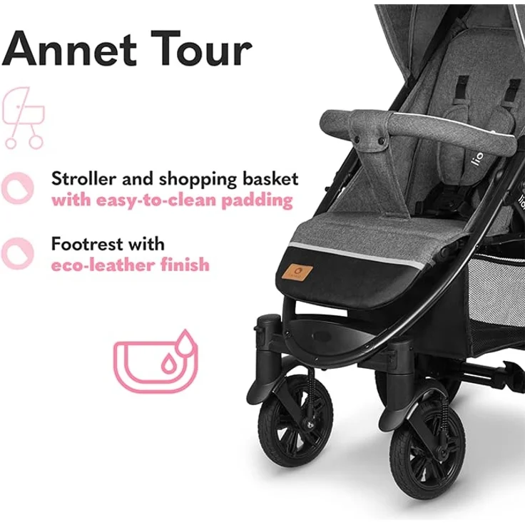 LIONELO Annet Tour Kinderwagen bis 22 kg, verstellbarer Griff, zusammenklappbar, verstellbare Rückenlehne bis zur Liegeposition, wartungsfreie Räder, XXL-Verdeck, 5-Punkt-Gurt, Einkaufskorb – Bild 7