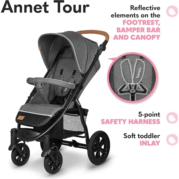 LIONELO Annet Tour Kinderwagen bis 22 kg, verstellbarer Griff, zusammenklappbar, verstellbare Rückenlehne bis zur Liegeposition, wartungsfreie Räder, XXL-Verdeck, 5-Punkt-Gurt, Einkaufskorb – Bild 5