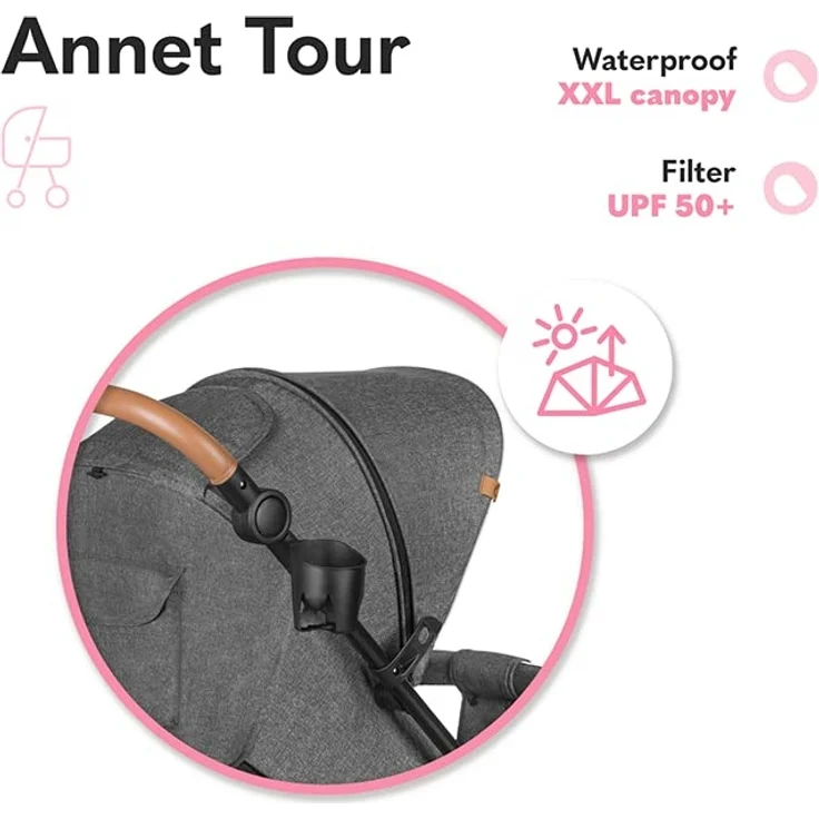 LIONELO Annet Tour Kinderwagen bis 22 kg, verstellbarer Griff, zusammenklappbar, verstellbare Rückenlehne bis zur Liegeposition, wartungsfreie Räder, XXL-Verdeck, 5-Punkt-Gurt, Einkaufskorb – Bild 4