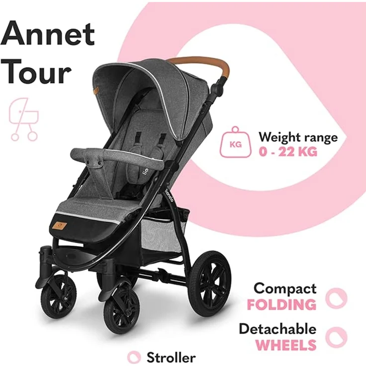 LIONELO Annet Tour Kinderwagen bis 22 kg, verstellbarer Griff, zusammenklappbar, verstellbare Rückenlehne bis zur Liegeposition, wartungsfreie Räder, XXL-Verdeck, 5-Punkt-Gurt, Einkaufskorb – Bild 2
