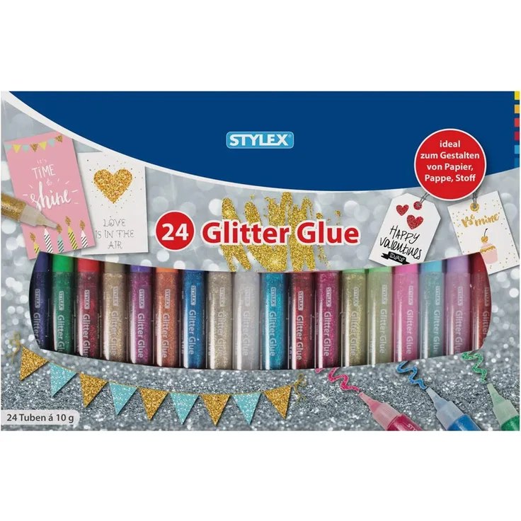 Stylex 23384 - Glitter Glue im farbenfrohen Set mit 24 Tuben á 10 g, lösungsmittelfrei und auswaschbar, Klebstoff mit tollen Glitzerpartikeln zum kreativen Basteln und Gestalten - Preisvergleich