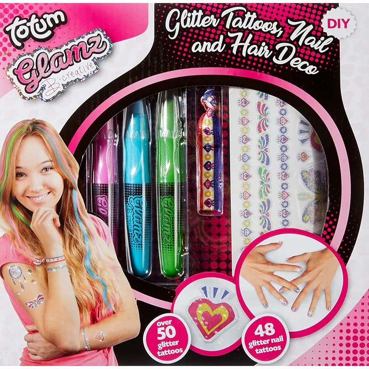 Totum Glamz Kreativset: Glitzertattoo-, Haar- und Nagelset, 3 verschiedene Haarkreidefarben, Ibiza-Elastikband, 50 Glitzertattoos, 48 Nagelsticker