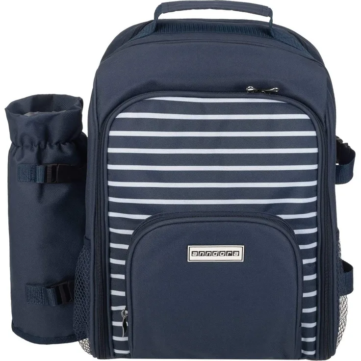 anndora Picknickrucksack mit Kühlfach blau weiß gestreift + Zubehör 15 teilig - 2 Personen