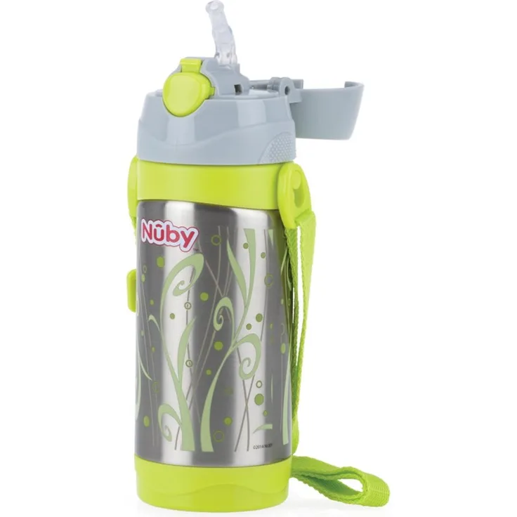 Nuby - Thermo Edelstahl Trinkflasche 360ml für Kinder ab 2 Jahren mit Silikonstroh - Perfekt für Schule, Sport und Outdoor
