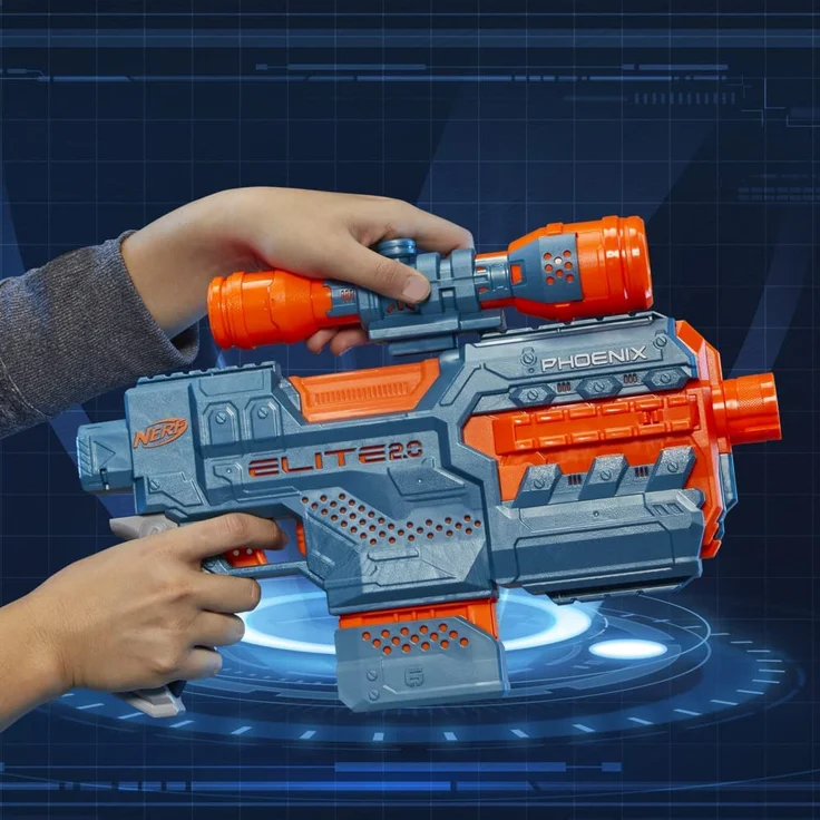 Nerf 'Elite 2.0 Phoenix CS-6' motorisierter Blaster, ab 8 Jahren, 12 Nerf Darts, 6-Dart Clip-Magazin, Fernrohr, Tactical Rails, Befestigungspunkte, blaugrau/orange – Bild 5