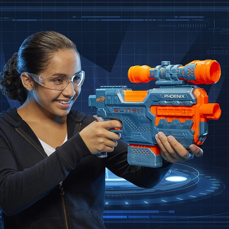 Nerf 'Elite 2.0 Phoenix CS-6' motorisierter Blaster, ab 8 Jahren, 12 Nerf Darts, 6-Dart Clip-Magazin, Fernrohr, Tactical Rails, Befestigungspunkte, blaugrau/orange – Bild 12