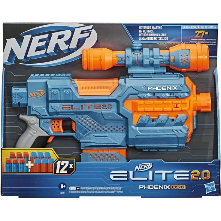 Nerf 'Elite 2.0 Phoenix CS-6' motorisierter Blaster, ab 8 Jahren, 12 Nerf Darts, 6-Dart Clip-Magazin, Fernrohr, Tactical Rails, Befestigungspunkte, blaugrau/orange – Bild 2