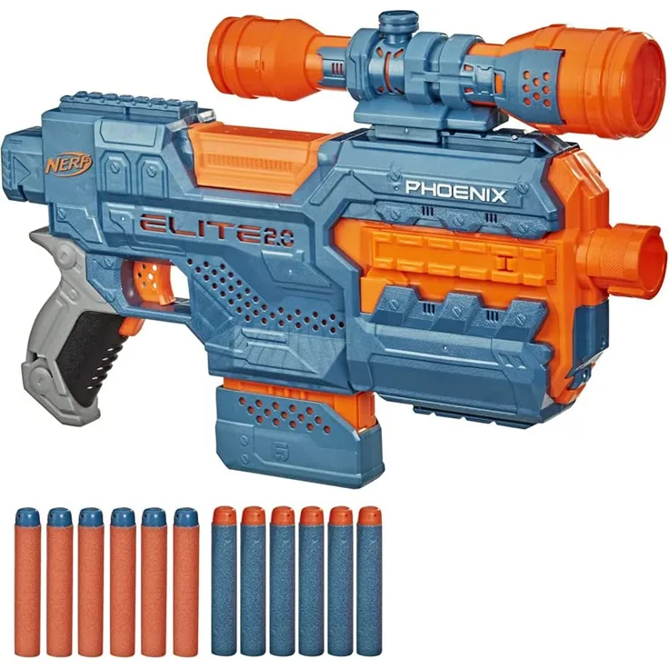 Nerf 'Elite 2.0 Phoenix CS-6' motorisierter Blaster, ab 8 Jahren, 12 Nerf Darts, 6-Dart Clip-Magazin, Fernrohr, Tactical Rails, Befestigungspunkte, blaugrau/orange