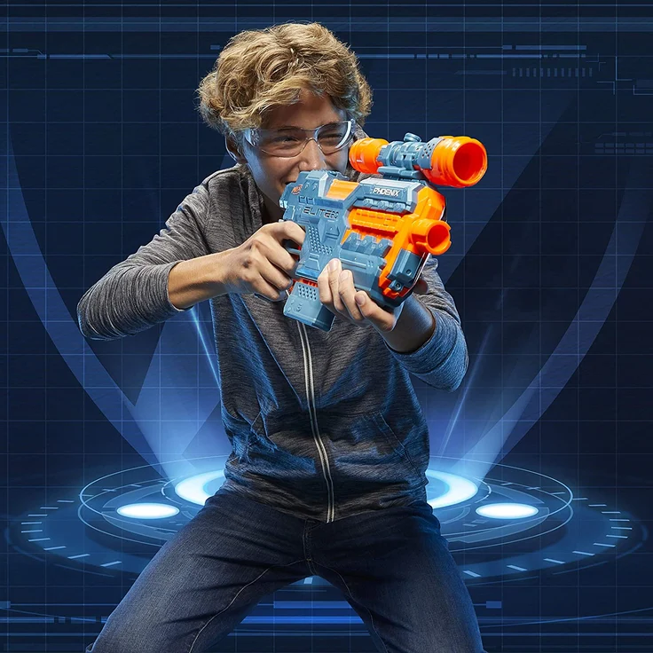 Nerf 'Elite 2.0 Phoenix CS-6' motorisierter Blaster, ab 8 Jahren, 12 Nerf Darts, 6-Dart Clip-Magazin, Fernrohr, Tactical Rails, Befestigungspunkte, blaugrau/orange – Bild 11