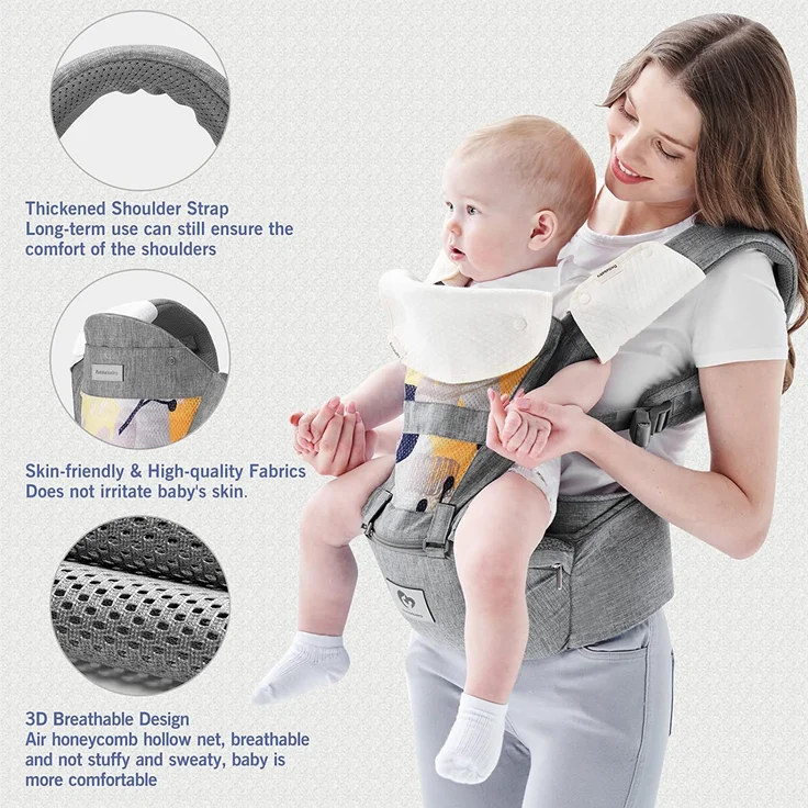 Bellababy Babytrage, All-In-One Babytrage für Neugeborene ab Geburt, Babys & Kleinkinder (0-36Monate), verstellbarer Sitz, Baby-Tragetasche 3 Trage Positionen(Grau) – Bild 3