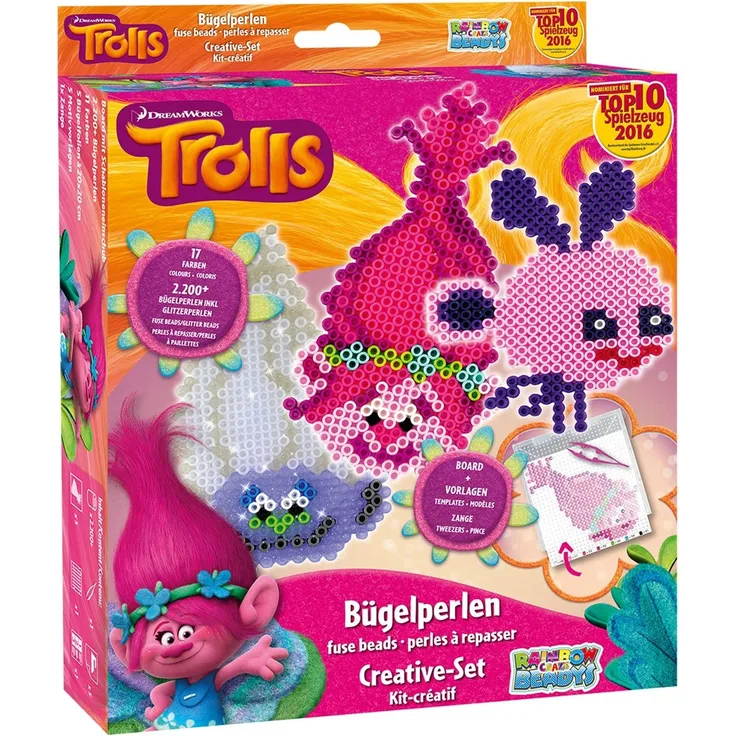 Craze 54629 - Rainbow Beadys Bügelperlen Kreativ Set Dreamworks Trolls inklusiv Zubehör, 2200 Perlen, rosa