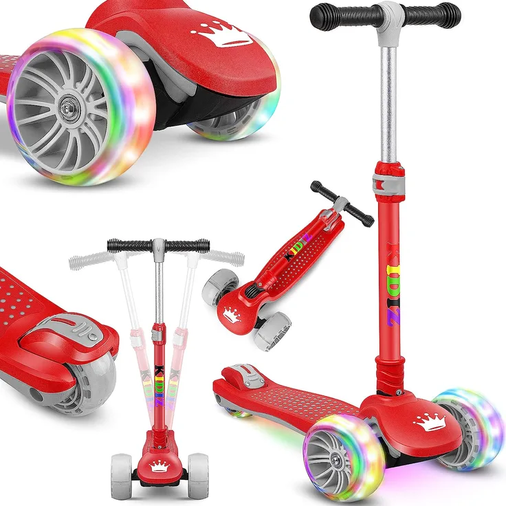 KIDIZ® Roller Kinder Scooter X-Pro2 Dreiradscooter mit PU LED Leuchtenden Räder Kinderroller faltbar Tret-Roller höhenverstellbarer Cityroller Kinderscooter für Jungen Mädchen 3-12 Jahre Rot