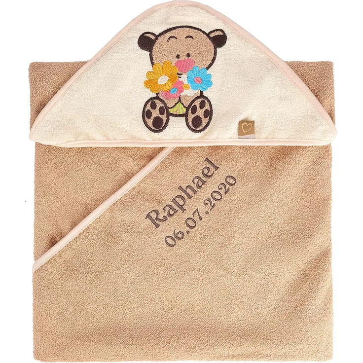 Be Mammy Kapuzenhandtuch Babyhandtuch aus Baumwolle bestickt mit Name und Geburtsdatum Oeko-Tex Standard 100 100cm x 100cm BE20-281-BBL (Beige - Bär)