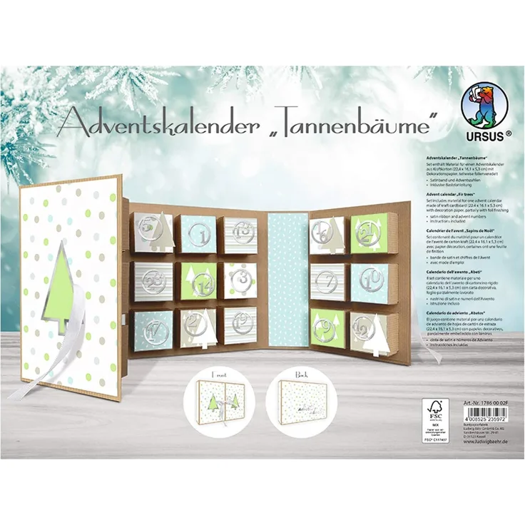 Ursus 17860002F - Adventskalender in Buchform, Tannenbäume, ca. 22,4 x 16,1 x 5,3 cm, aus Kraftkarton, mit Satinband zum Verschließen, zum Befüllen und Verschenken