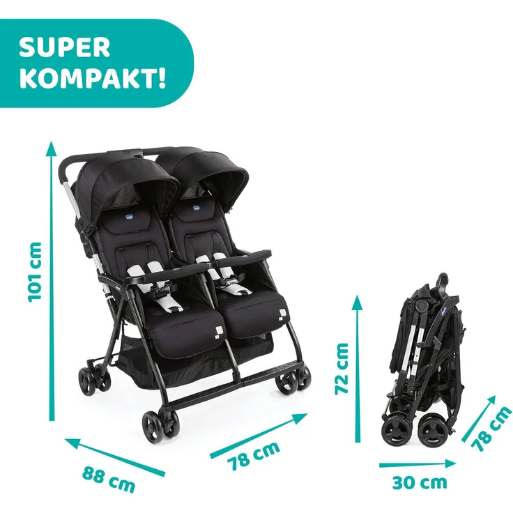 Chicco Zwilligsbuggy OHLALA' TWIN, ultra-leichtre und ultra-kompakter Geschwisterkinderbuggy für Babys und Kleinkinder ab Geburt inkl. Regenschutz, schwarz – Bild 5