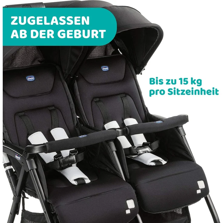Chicco Zwilligsbuggy OHLALA' TWIN, ultra-leichtre und ultra-kompakter Geschwisterkinderbuggy für Babys und Kleinkinder ab Geburt inkl. Regenschutz, schwarz – Bild 6