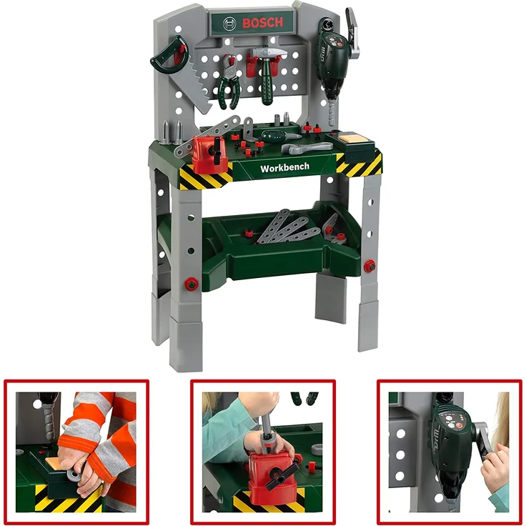 Theo Klein 8637 Bosch Werkbank 48-teilig I Höhenverstellbare Füße, I Arbeitsplatte mit vielen Funktionen und batteriebetriebenen Geräten I Inkl. Hammer, Säge, Rollgabelschlüssel und vielem mehr - Preisvergleich – Bild 3